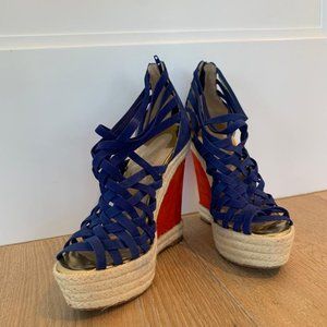 Christian Louboutin. Blue braided, beige platform, wedge sandal.